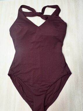 Spanx Swim Textured One Piece Swimsuit Burgundy Tie Neck Shaping Size Large NWT